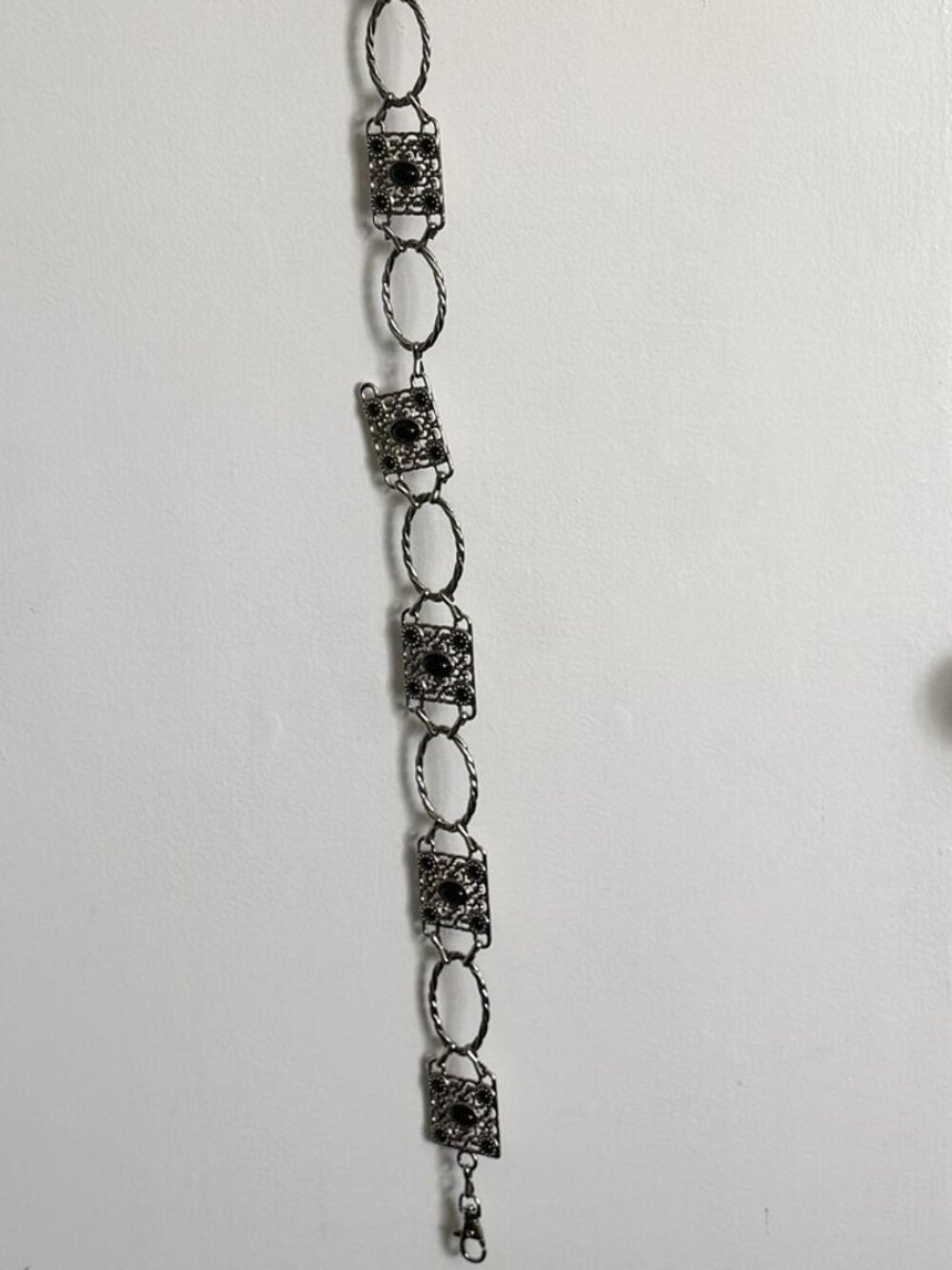 Silver Tone Black Stone Filigree Chain Belt